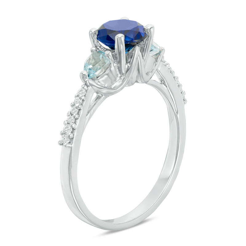 6.2mm Lab-Created Blue Sapphire, Aquamarine and Diamond Accent Three Stone Ring in 10K White Gold