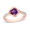 Thumbnail Image 0 of 5.0mm Cushion-Cut Amethyst and Diamond Accent Tilted Swirl Frame Ring in 10K Rose Gold