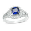Thumbnail Image 0 of 6.0mm Cushion-Cut Lab-Created Blue Sapphire and 0.30 CT. T.W. Diamond Frame Ring in 10K White Gold