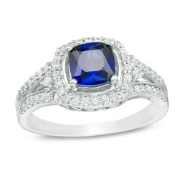 6.0mm Cushion-Cut Lab-Created Blue Sapphire and 0.30 CT. T.W. Diamond Frame Ring in 10K White Gold