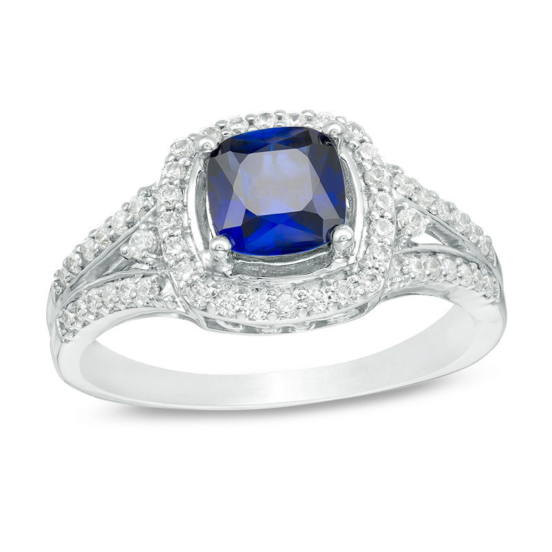 6.0mm Cushion-Cut Lab-Created Blue Sapphire and 0.30 CT. T.W. Diamond Frame Ring in 10K White Gold