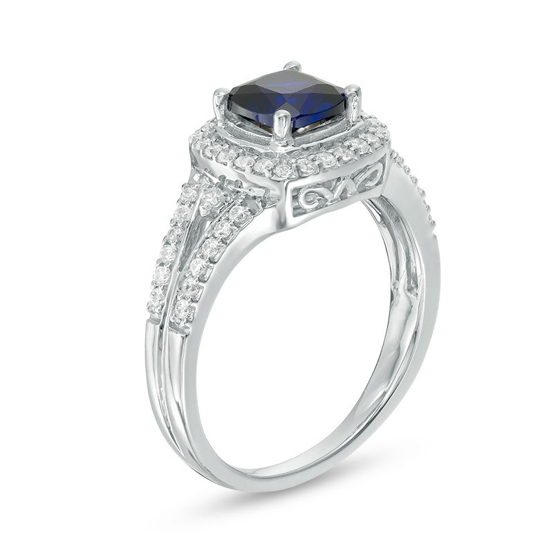 Main Image 2 of 6.0mm Cushion-Cut Lab-Created Blue Sapphire and 0.30 CT. T.W. Diamond Frame Ring in 10K White Gold