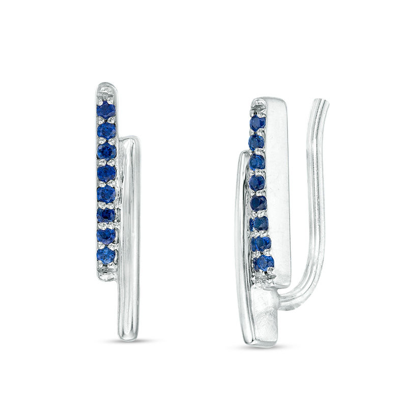 Lab-Created Blue Sapphire Stacked Double Bar Crawler Earrings in Sterling Silver