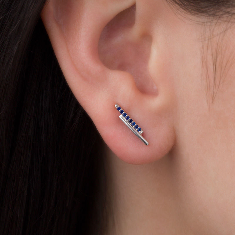 Main Image 2 of Lab-Created Blue Sapphire Stacked Double Bar Crawler Earrings in Sterling Silver
