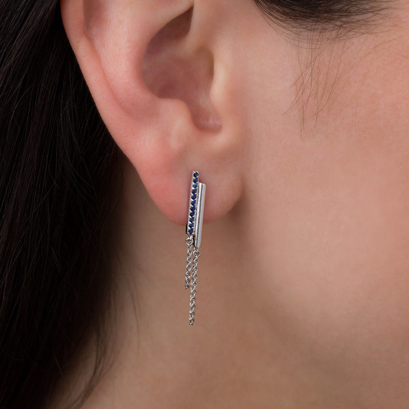 Main Image 2 of Lab-Created Blue Sapphire Double Bar and Chain Front/Back Earrings in Sterling Silver