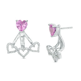 5.0mm Lab-Created Pink Sapphire and 0.18 CT. T.W. Diamond Stud Earrings and Fan Drop Jackets in Sterling Silver