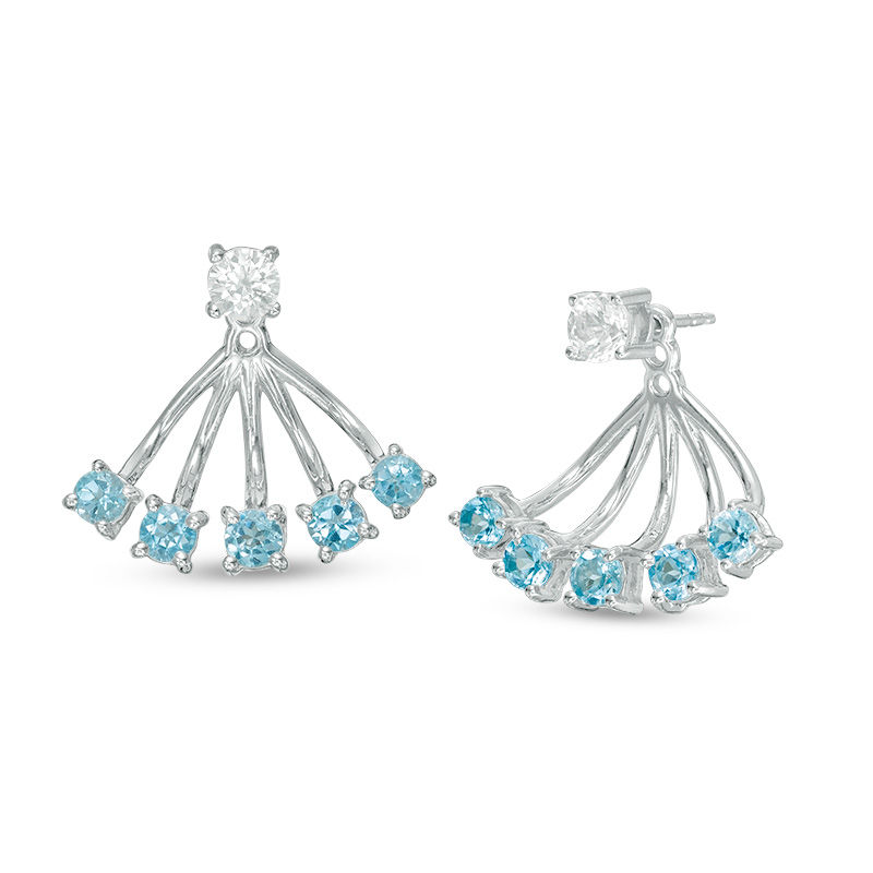 3.8mm Blue Topaz and Lab-Created White Sapphire Stud Earrings and Fan Drop Jackets in Sterling Silver