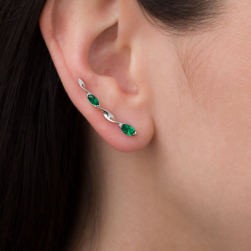 Marquise Lab-Created Emerald Twist Crawler Earrings in Sterling Silver