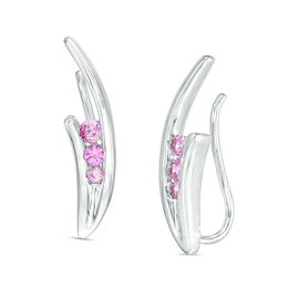 Lab-Created Pink Sapphire Three Stone Crawler Earrings in Sterling Silver