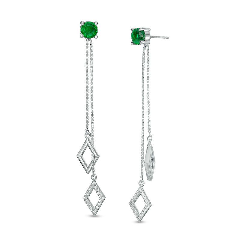 5.0mm Lab-Created Emerald and 0.11 CT. T.W. Diamond Two Strand Kite-Shaped Drop Earrings in Sterling Silver