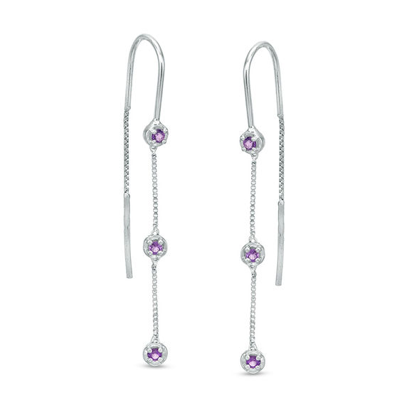 Amethyst Three Stone Threader Earrings in Sterling Silver