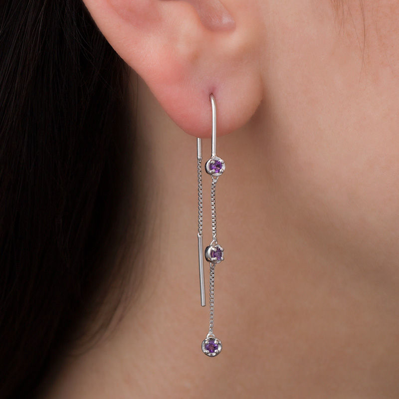 Amethyst Three Stone Threader Earrings in Sterling Silver|Peoples Jewellers