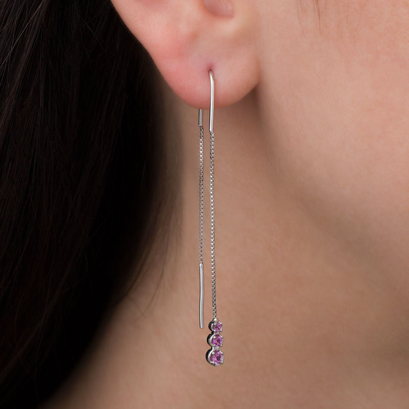 Lab-Created Pink Sapphire Three Stone Threader Earrings in Sterling Silver