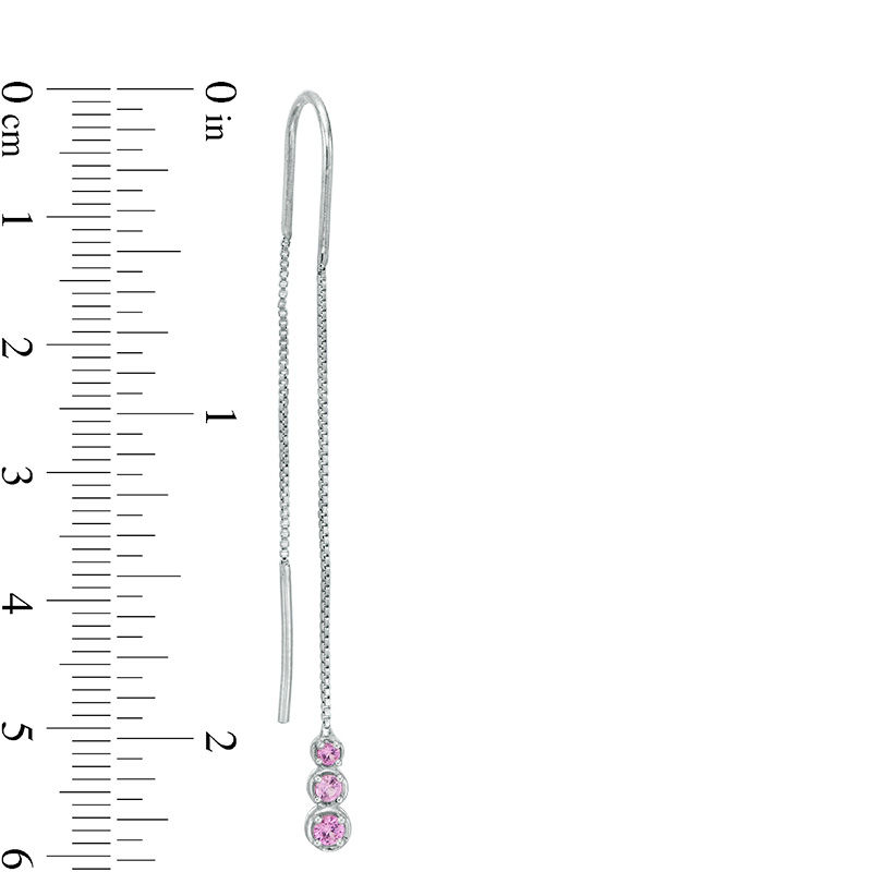 Lab-Created Pink Sapphire Three Stone Threader Earrings in Sterling Silver
