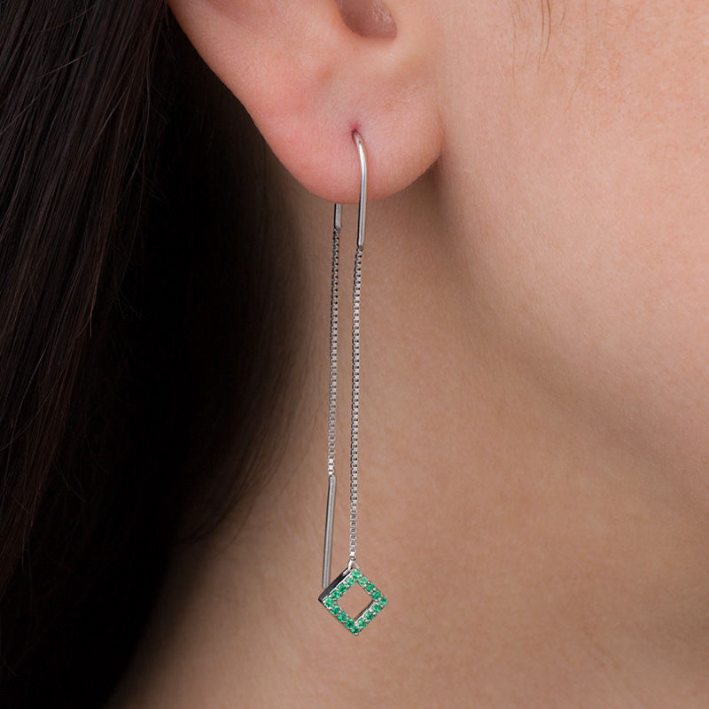 Lab-Created Emerald Tilted Square Threader Earrings in Sterling Silver