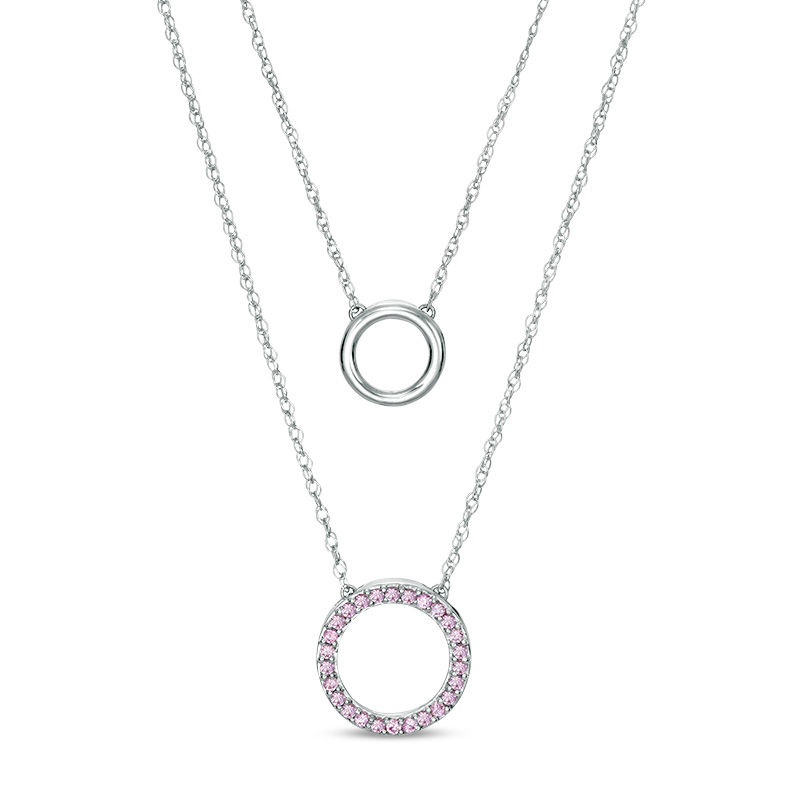 Lab-Created Pink Sapphire Circle Double Strand Necklace in Sterling Silver - 20"