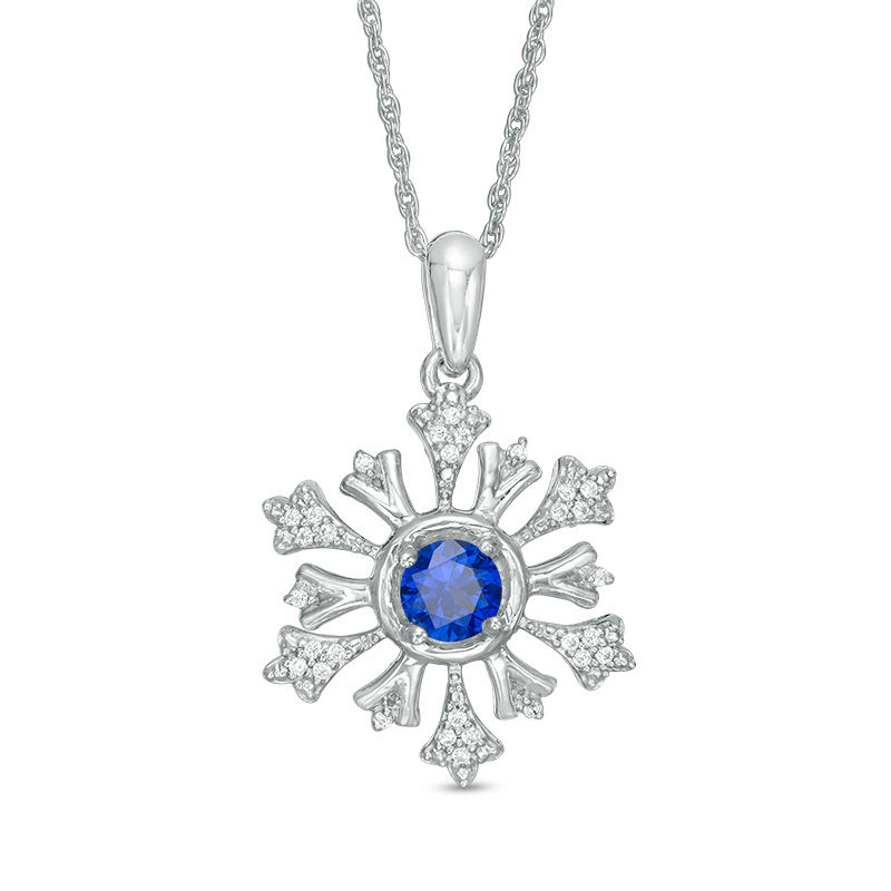 4.5mm Lab-Created Blue Sapphire and 0.09 CT. T.W. Diamond Snowflake Pendant in Sterling Silver