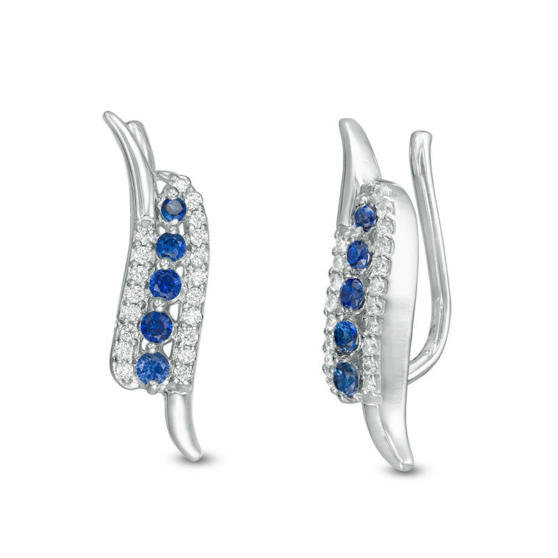 Lab-Created Blue Sapphire and 0.11 CT. T.W. Diamond Double Curve Crawler Earrings in Sterling Silver
