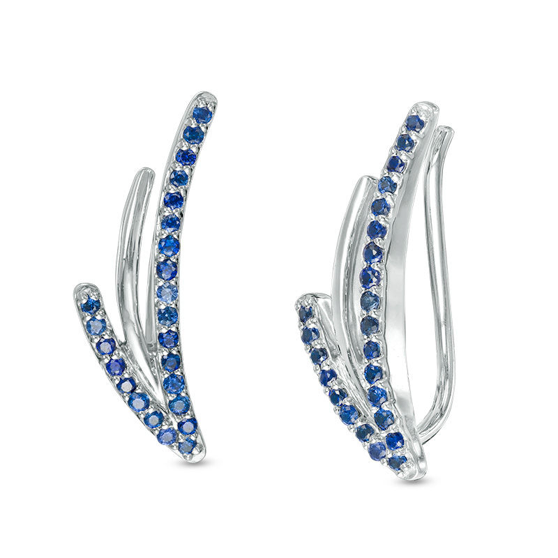 Lab-Created Blue Sapphire Split Curve Crawler Earrings in Sterling Silver