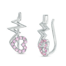 Lab-Created Pink Sapphire Heart with Heartbeat Crawler Earrings in Sterling Silver