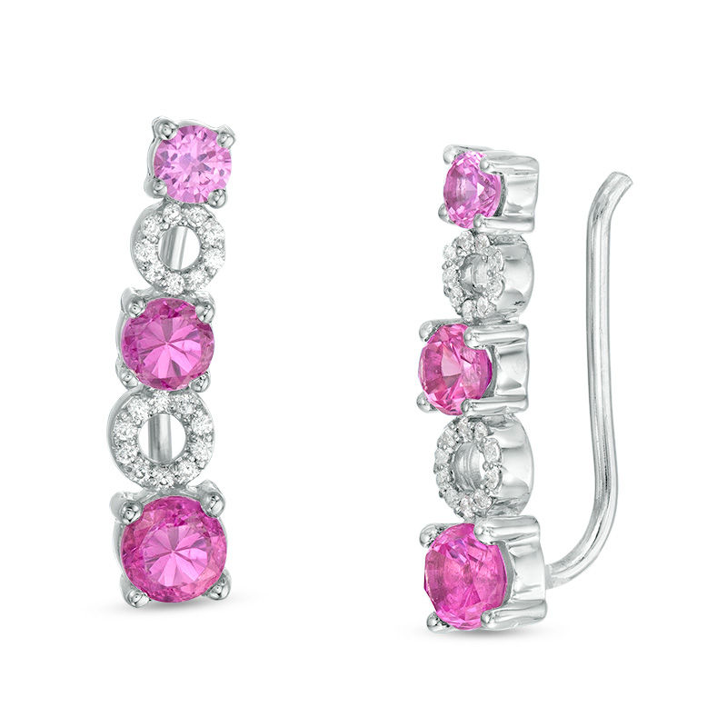 Lab-Created Pink Sapphire and 0.09 CT. T.W. Diamond Alternating Circle Crawler Earrings in Sterling Silver|Peoples Jewellers