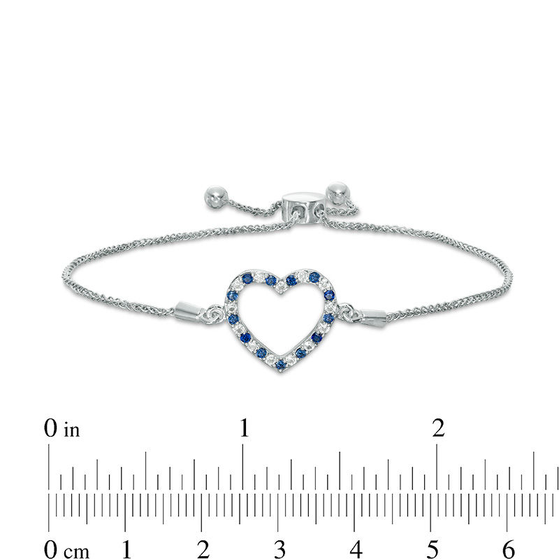 Lab-Created Blue and White Sapphire Heart Bolo Bracelet in Sterling Silver - 9.5"
