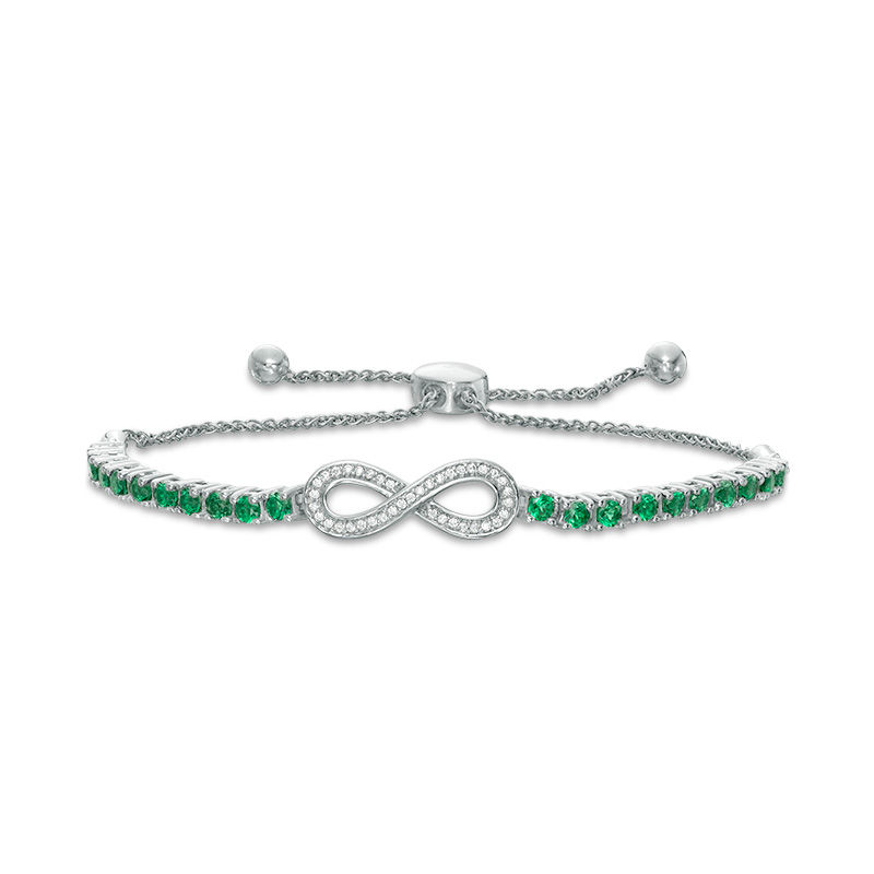 Lab-Created Emerald and 0.11 CT. T.W. Diamond Infinity Bolo Bracelet in Sterling Silver - 9.5"