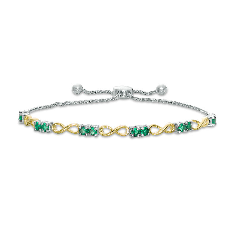 Lab-Created Emerald Infinity Station Bolo Bracelet in Sterling Silver and 10K Gold - 9.5"|Peoples Jewellers