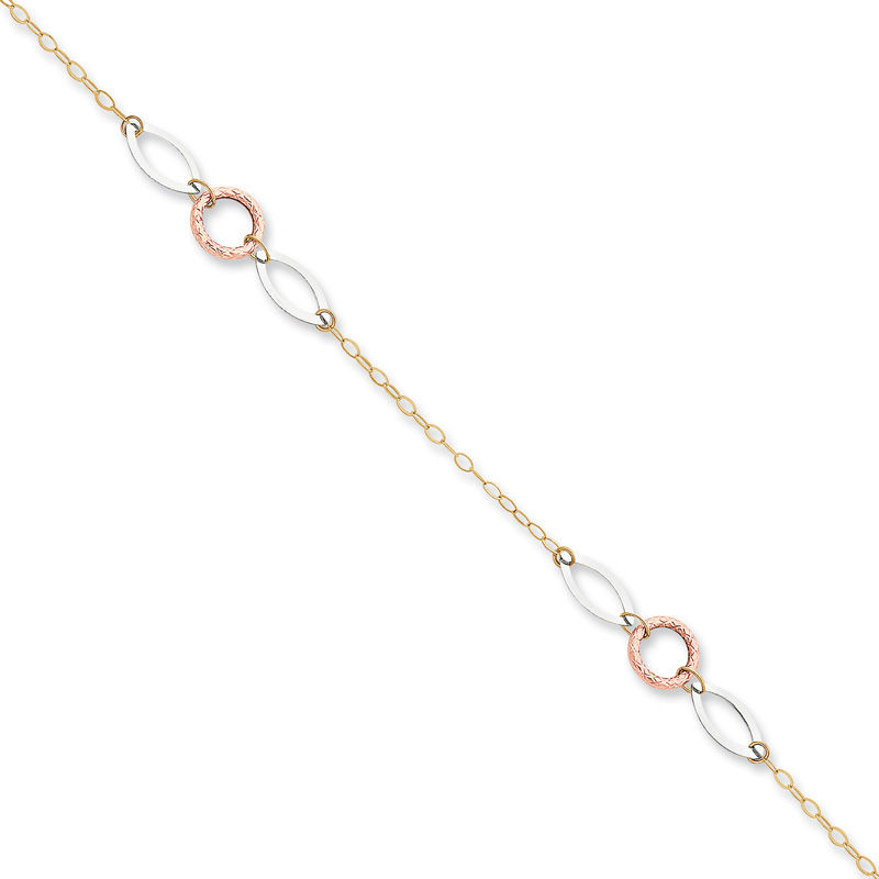 Circle with Oval Link Adjustable Anklet in 14K Tri-Tone Gold - 10"