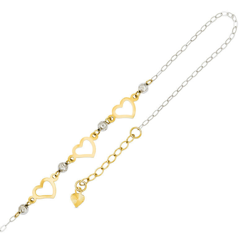 Diamond-Cut Triple Heart Anklet in 14K Two-Tone Gold - 10"