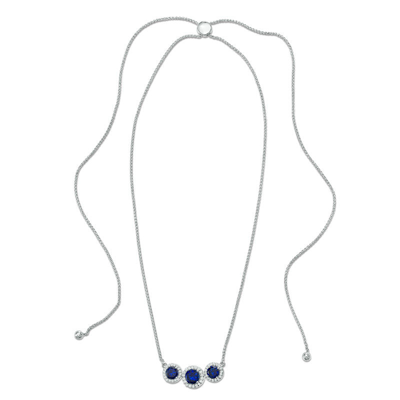 Lab-Created Blue and White Sapphire Frame Three Stone Bolo Necklace in Sterling Silver - 30"