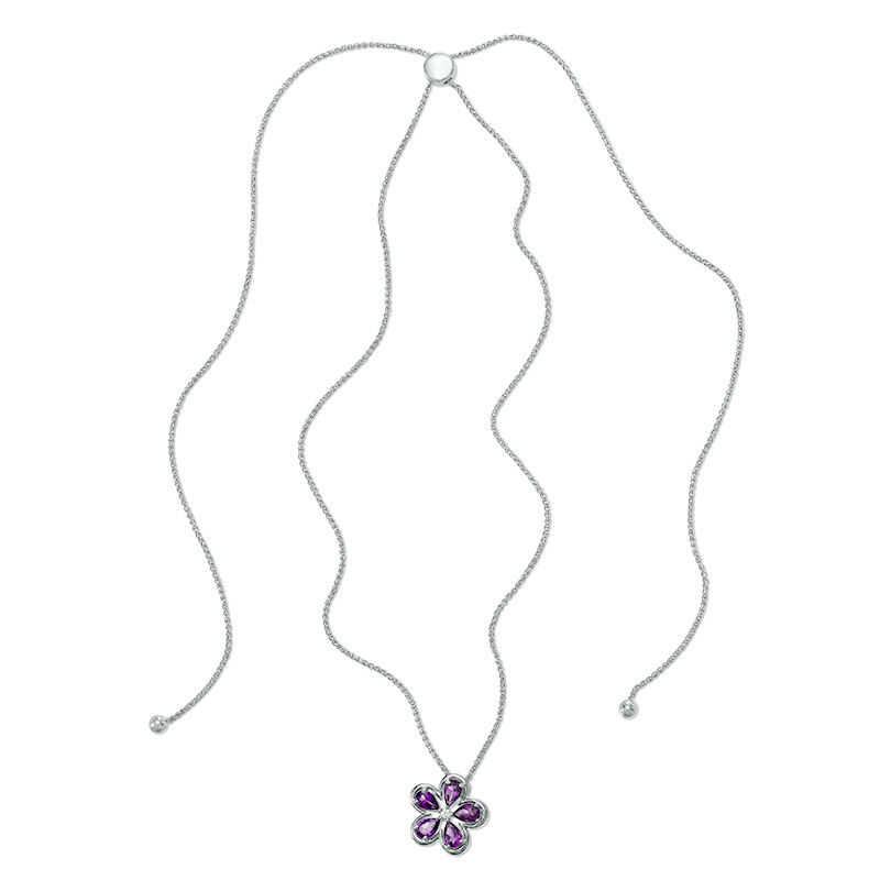Pear-Shaped Amethyst and Lab-Created White Sapphire Flower Bolo Pendant in Sterling Silver - 30"
