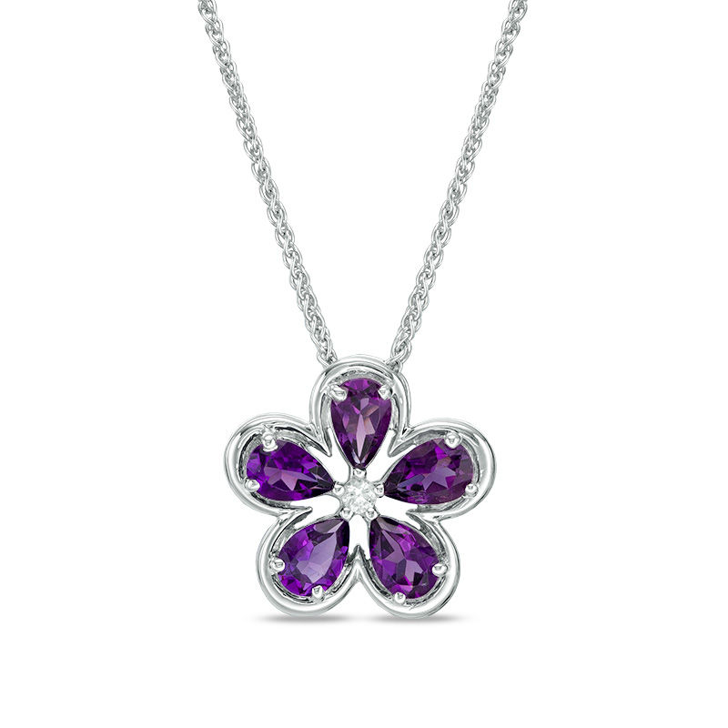 Pear-Shaped Amethyst and Lab-Created White Sapphire Flower Bolo Pendant in Sterling Silver - 30"