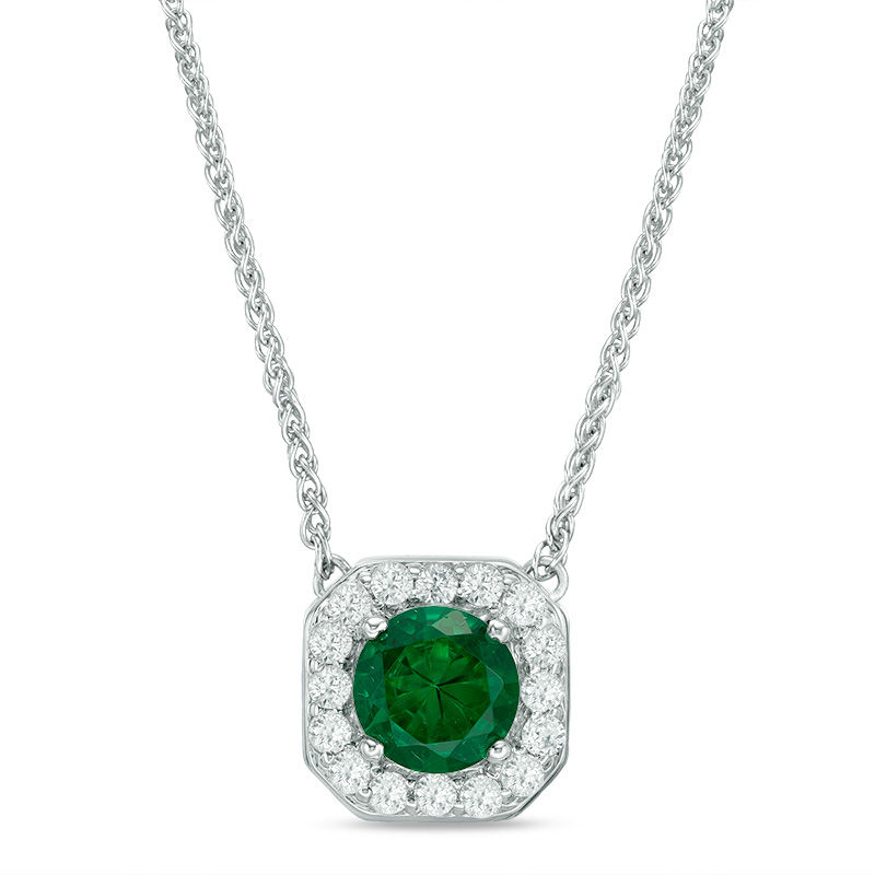 Main Image 2 of 7.0mm Lab-Created Emerald and White Sapphire Octagonal Frame Bolo Necklace in Sterling Silver - 30"