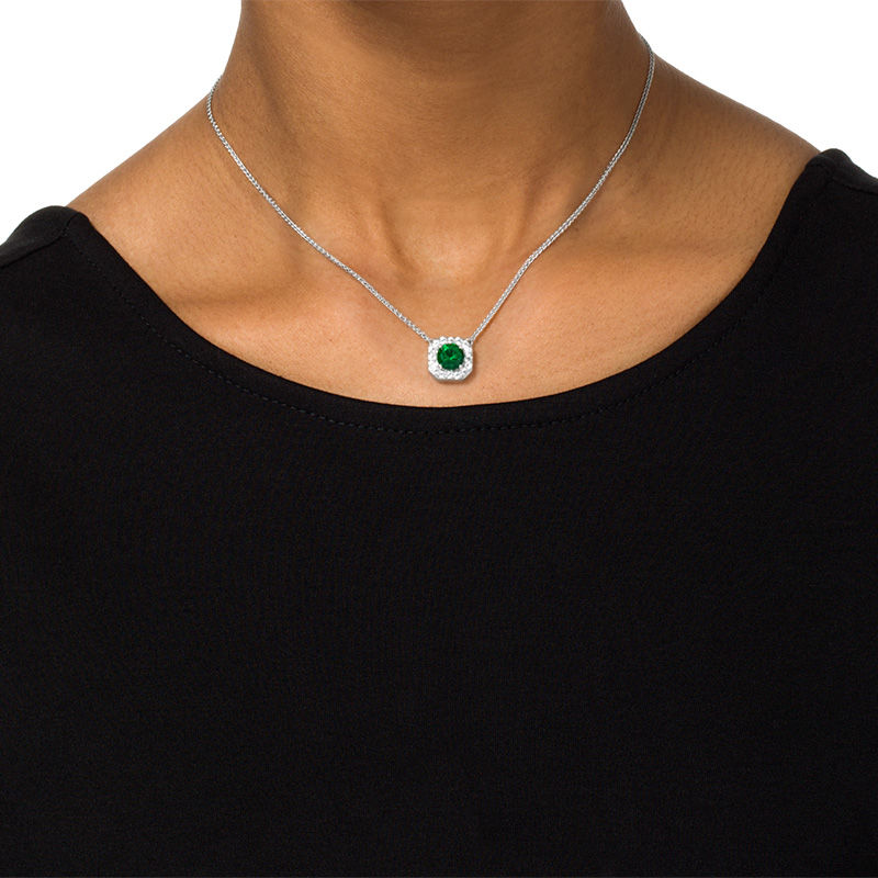 Main Image 3 of 7.0mm Lab-Created Emerald and White Sapphire Octagonal Frame Bolo Necklace in Sterling Silver - 30"