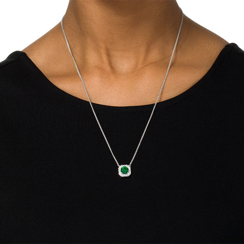 Main Image 4 of 7.0mm Lab-Created Emerald and White Sapphire Octagonal Frame Bolo Necklace in Sterling Silver - 30"
