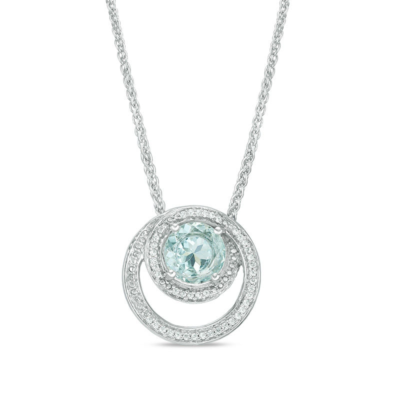 Main Image 2 of 7.5mm Aquamarine and 0.09 CT. T.W. Diamond Swirling Frame Bolo Pendant in Sterling Silver - 30"