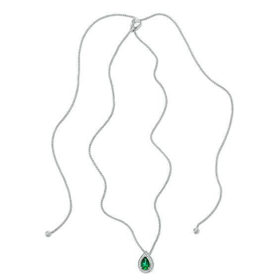 Pear-Shaped Lab-Created Emerald and Diamond Accent Frame Bolo Pendant in Sterling Silver - 30"