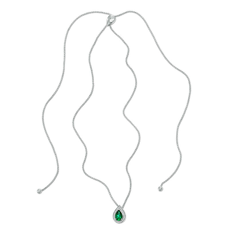 Pear-Shaped Lab-Created Emerald and Diamond Accent Frame Bolo Pendant in Sterling Silver - 30"