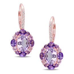 Oval and Round Amethyst with White Topaz Frame Drop Earrings in Sterling Silver with Rose Rhodium