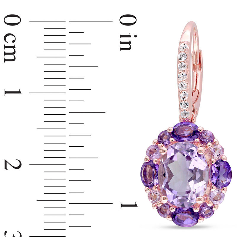 Main Image 2 of Oval and Round Amethyst with White Topaz Frame Drop Earrings in Sterling Silver with Rose Rhodium