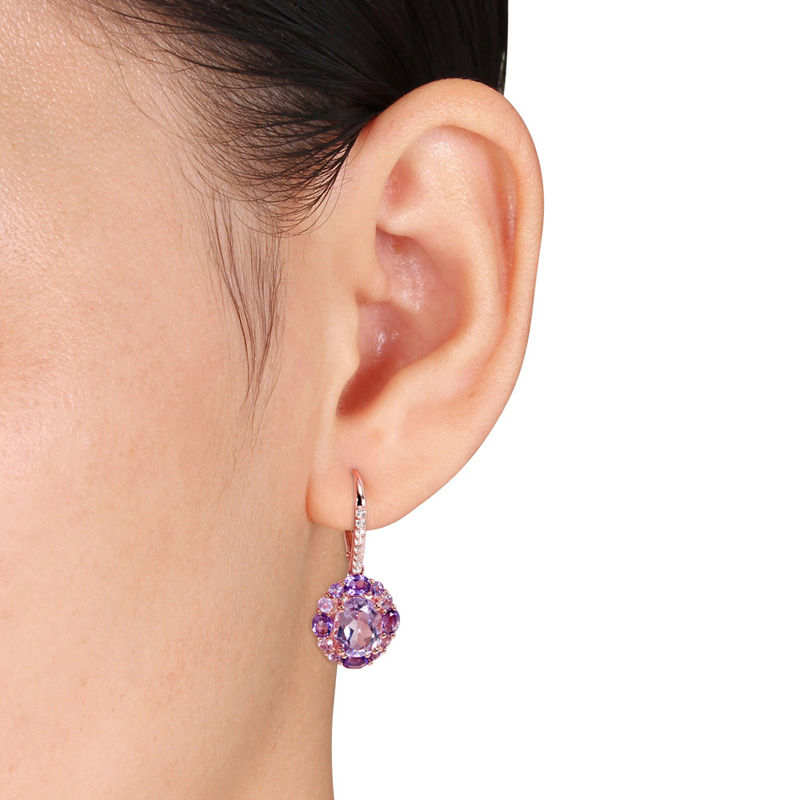 Oval and Round Amethyst with White Topaz Frame Drop Earrings in Sterling Silver with Rose Rhodium
