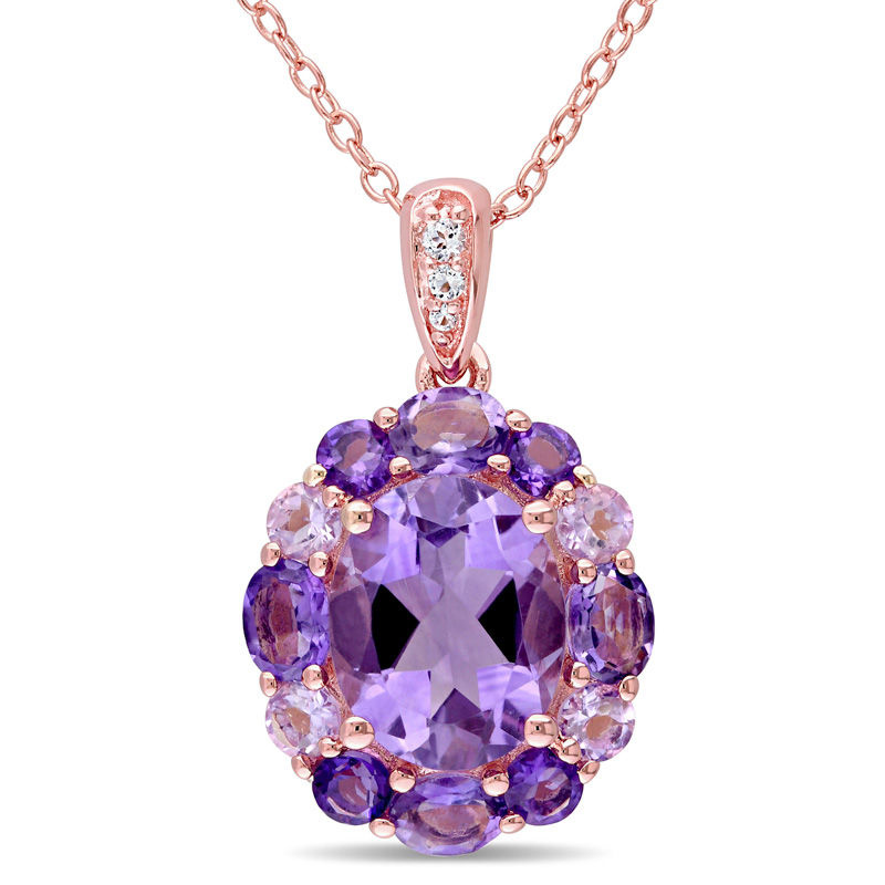 Oval Amethyst, Rose de France and White Topaz Frame Pendant in Sterling Silver with Rose Rhodium