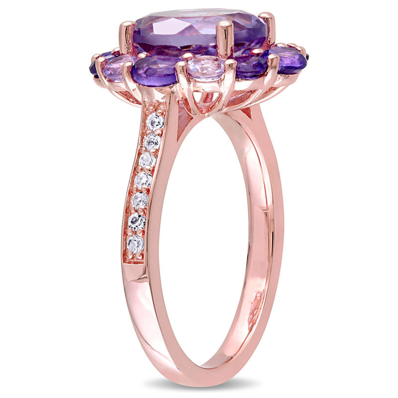 Main Image 2 of Oval and Round Amethyst with White Topaz Frame Ring in Sterling Silver with Rose Rhodium