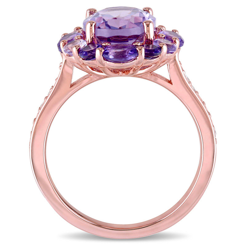 Oval and Round Amethyst with White Topaz Frame Ring in Sterling Silver with Rose Rhodium