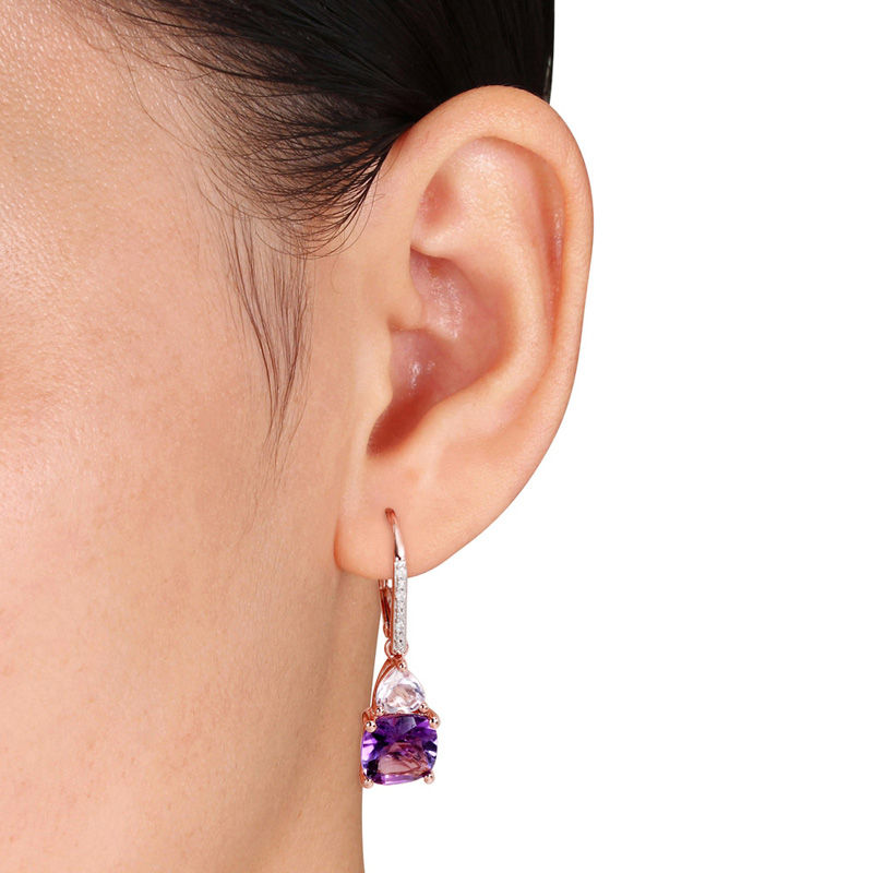 Main Image 3 of Amethyst and Diamond Accent Drop Earrings in Sterling Silver with Rose Rhodium