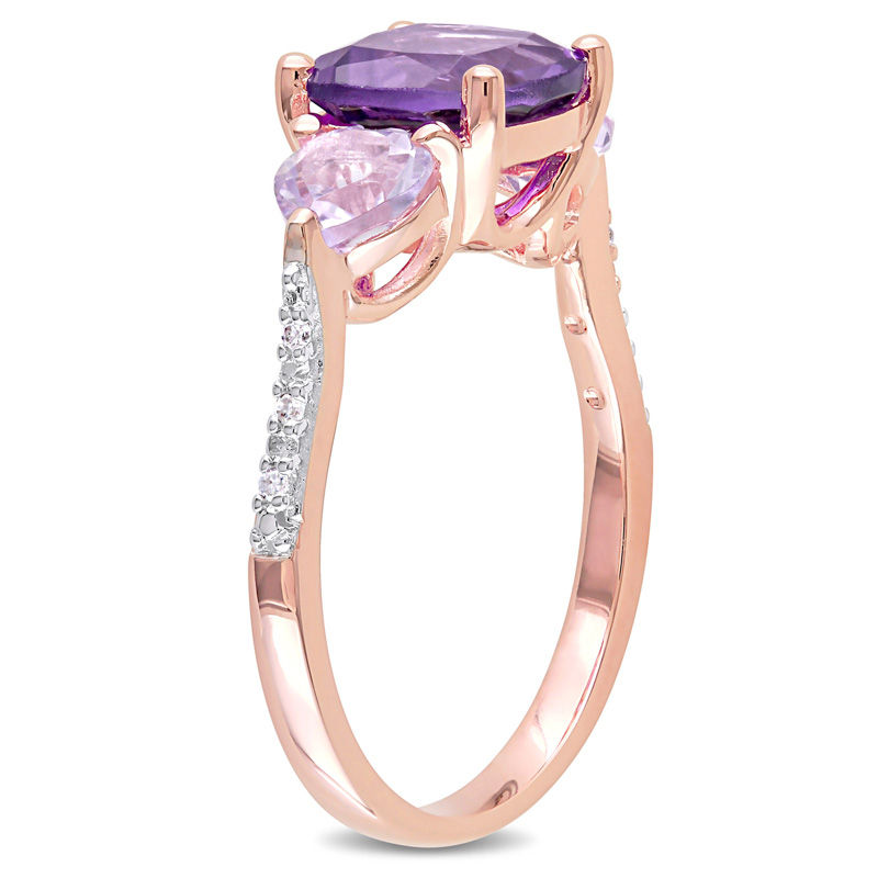 Main Image 2 of Amethyst and Diamond Accent Three Stone Ring in Sterling Silver with Rose Rhodium