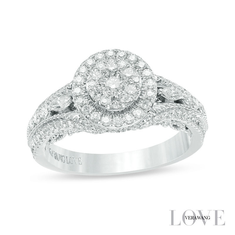 Vera Wang Love Collection 0.95 CT. T.W. Composite Diamond Vintage Style Split Shank Engagement Ring in 14K White Gold