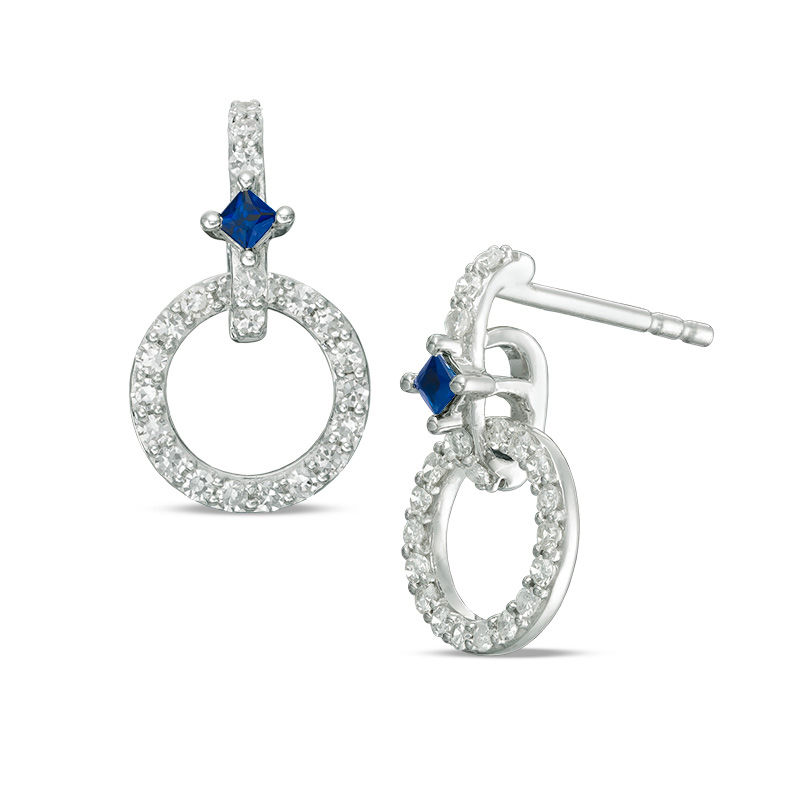 Main Image 1 of Vera Wang Love Collection 0.30 CT. T.W. Diamond and Princess-Cut Blue Sapphire Circle Drop Earrings in Sterling Silver
