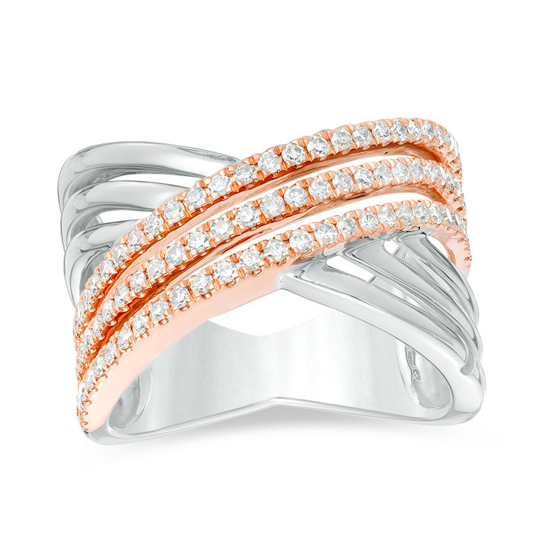 Main Image 1 of Vera Wang Love Collection 0.45 CT. T.W. Diamond Crossover Ring in Sterling Silver and 14K Rose Gold